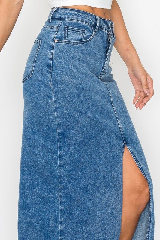 SKT 983 - Denim Front Slit Skirt with Pockets