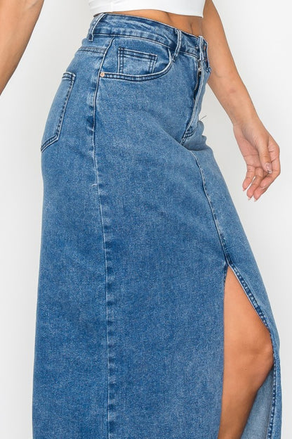 SKT 983 - Denim Front Slit Skirt with Pockets