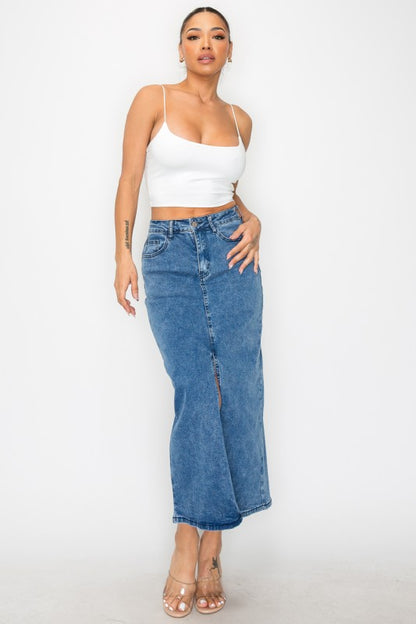 SKT 983 - Denim Front Slit Skirt with Pockets