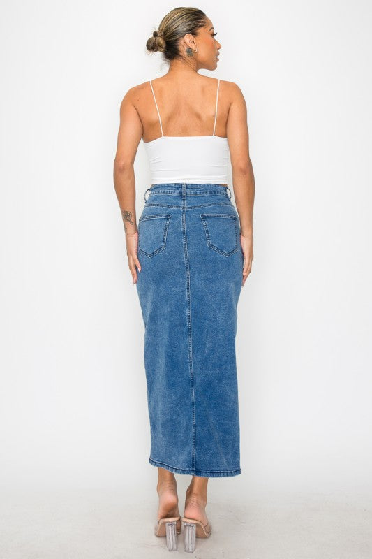 SKT 983 - Denim Front Slit Skirt with Pockets