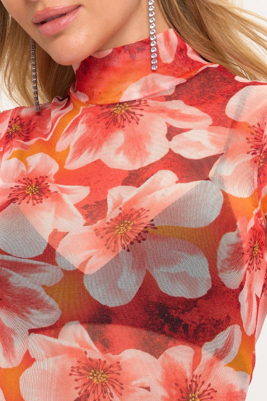 DT 1793 - Floral Mock Neck Sheer Top