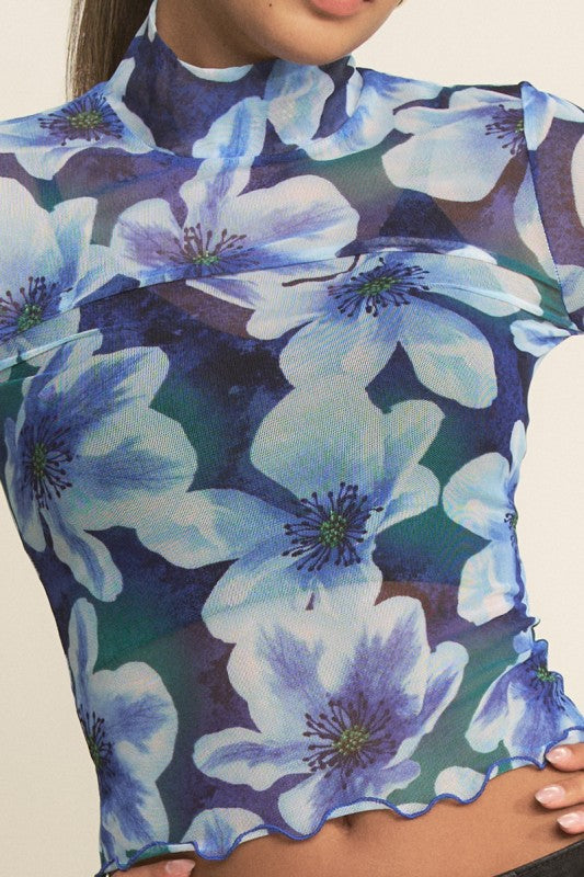 DT 1793 - Floral Mock Neck Sheer Top