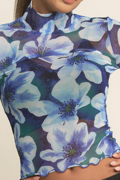 DT 1793 - Floral Mock Neck Sheer Top