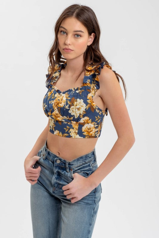 DT 1784 - Floral Ruffle Trim Crop Top