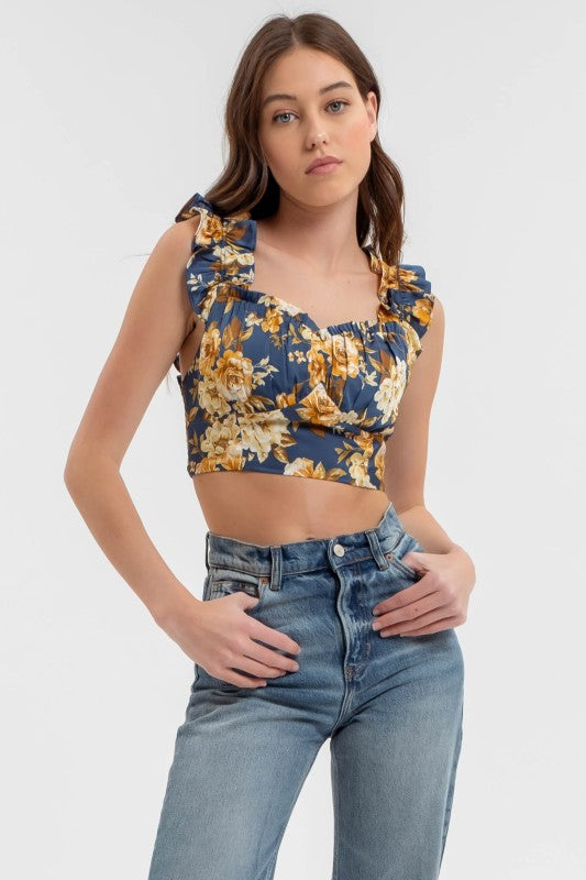 DT 1784 - Floral Ruffle Trim Crop Top