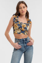DT 1784 - Floral Ruffle Trim Crop Top