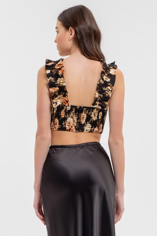 DT 1784 - Floral Ruffle Trim Crop Top
