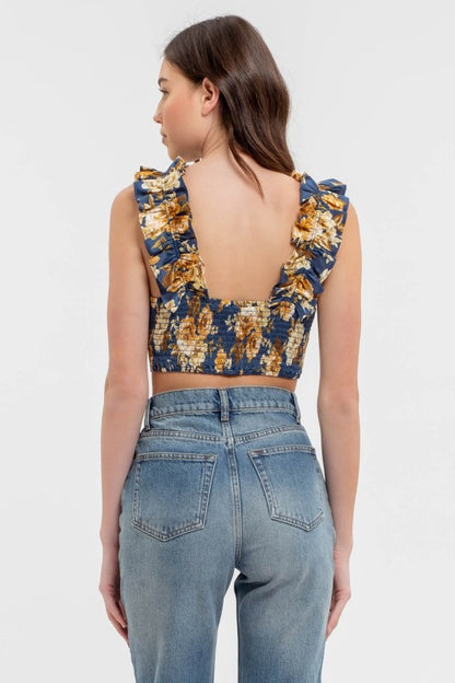 DT 1784 - Floral Ruffle Trim Crop Top