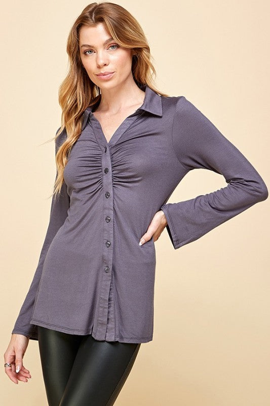 CT 2760 - V Collar Bell Sleeve Button Up Top