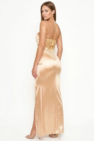LD 635 - Pleated Satin Top Maxi Dress