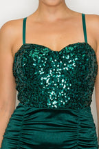 LD 612 - Ruched Slit Sequin Dress