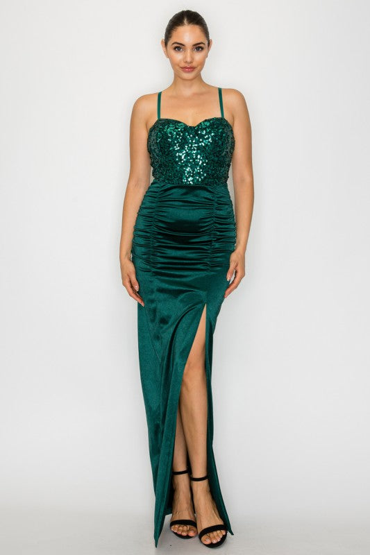 LD 612 - Ruched Slit Sequin Dress