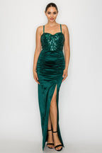 LD 612 - Ruched Slit Sequin Dress
