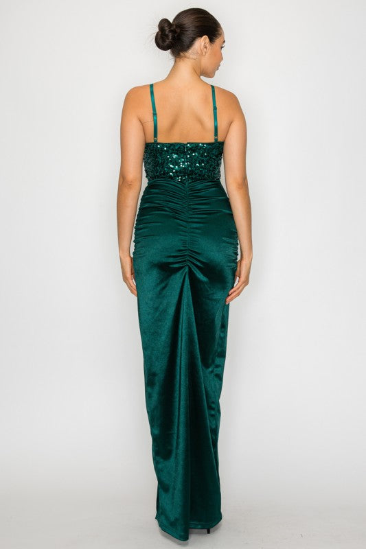 LD 612 - Ruched Slit Sequin Dress