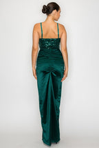 LD 612 - Ruched Slit Sequin Dress