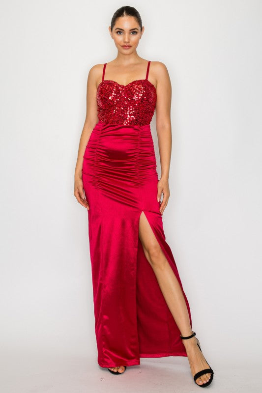 LD 612 - Ruched Slit Sequin Dress
