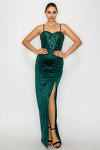 LD 612 - Ruched Slit Sequin Dress