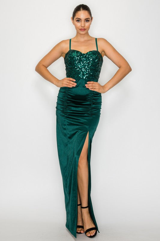LD 612 - Ruched Slit Sequin Dress