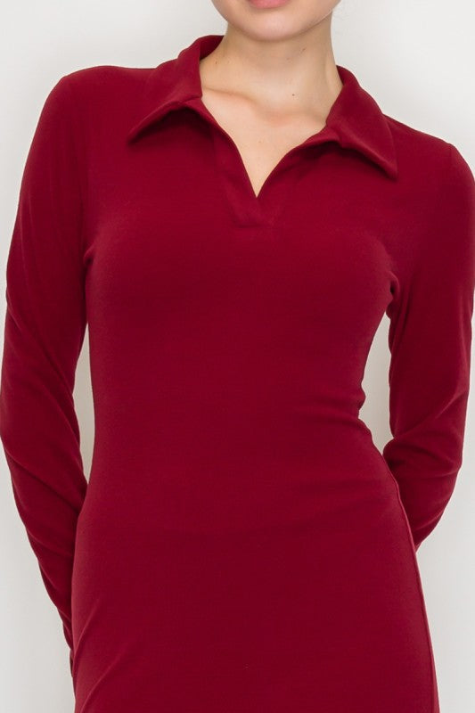 LD 610 - Collared Long Sleeve Midi Dress