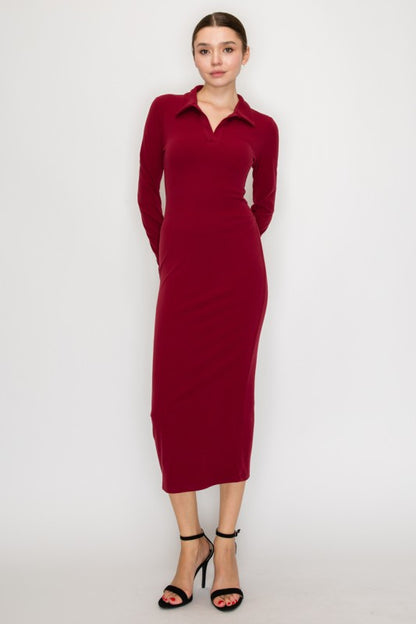 LD 610 - Collared Long Sleeve Midi Dress