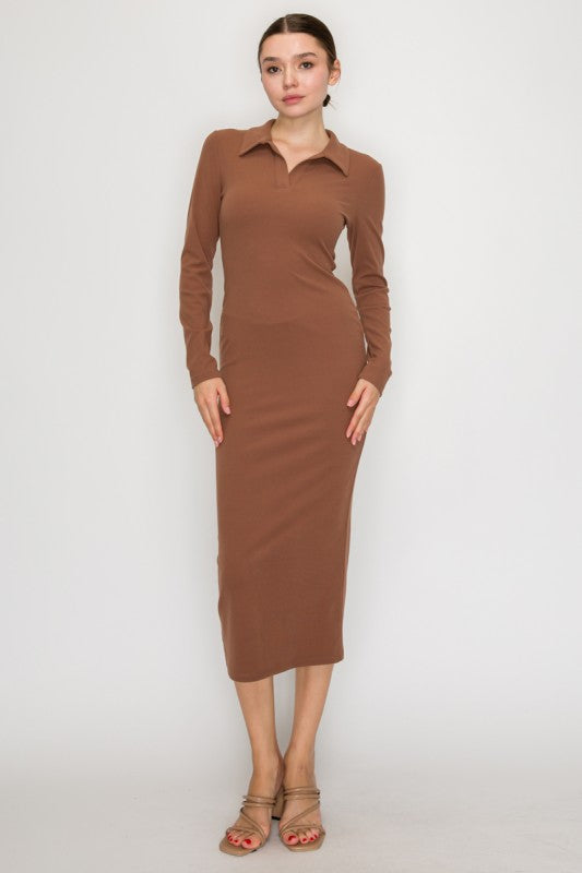 LD 610 - Collared Long Sleeve Midi Dress