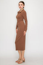 LD 610 - Collared Long Sleeve Midi Dress