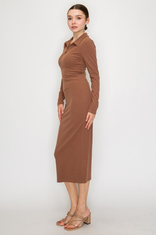 LD 610 - Collared Long Sleeve Midi Dress