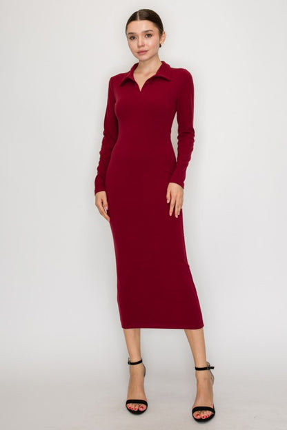 LD 610 - Collared Long Sleeve Midi Dress