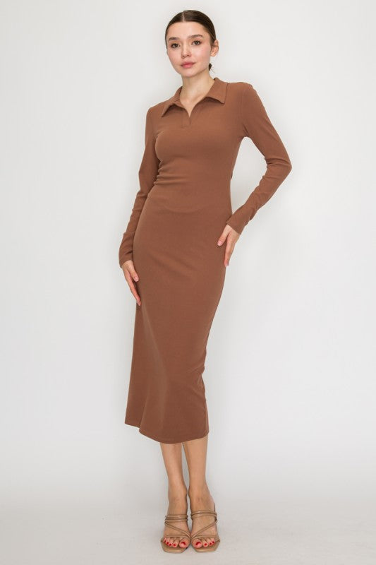 LD 610 - Collared Long Sleeve Midi Dress