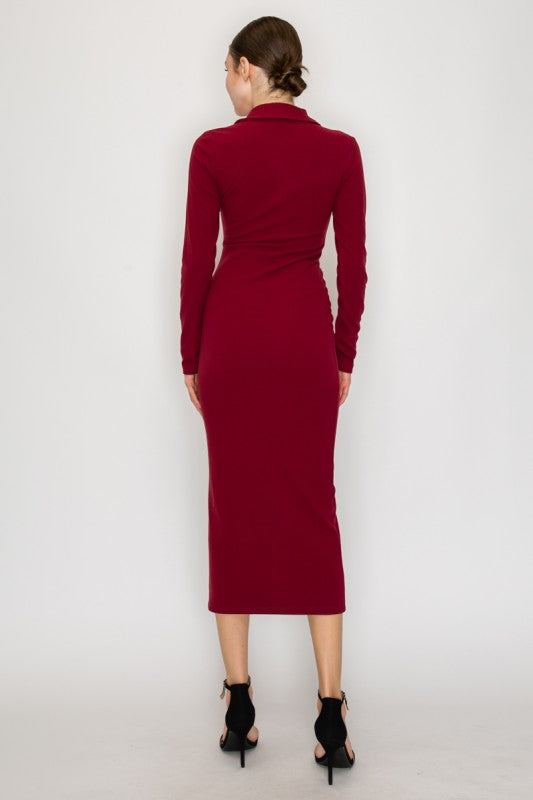 LD 610 - Collared Long Sleeve Midi Dress