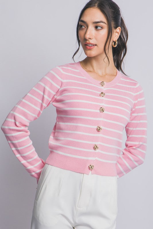 SWT 029 - Striped Cardigan with Gold Accents
