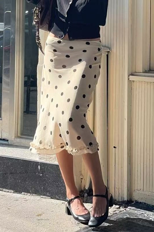 SKT 1067 - Ruffle Trim Polka Dot Midi Skirt
