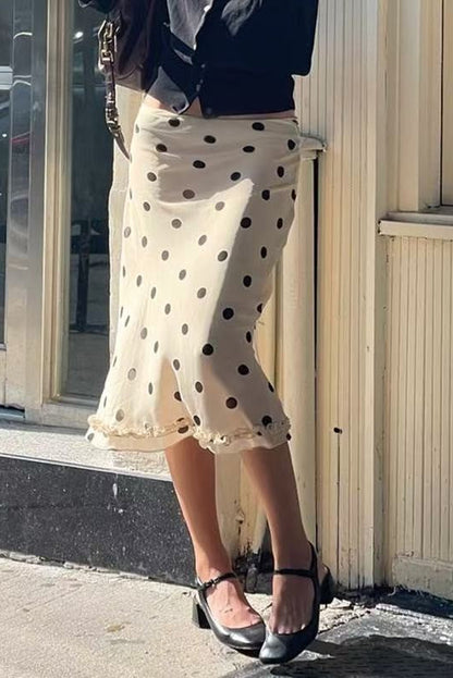 SKT 1067 - Ruffle Trim Polka Dot Midi Skirt