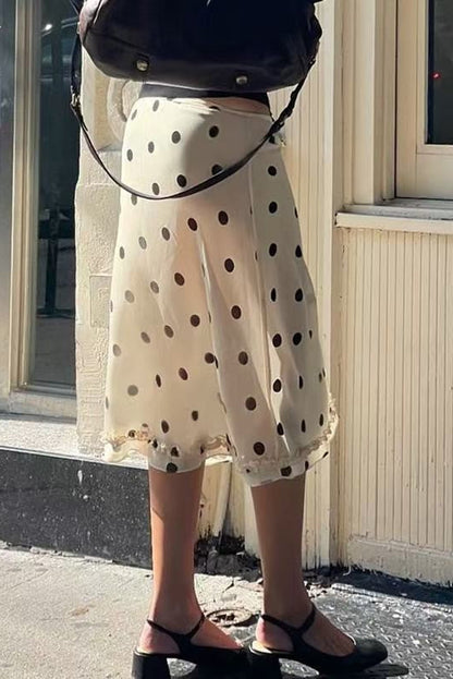 SKT 1067 - Ruffle Trim Polka Dot Midi Skirt