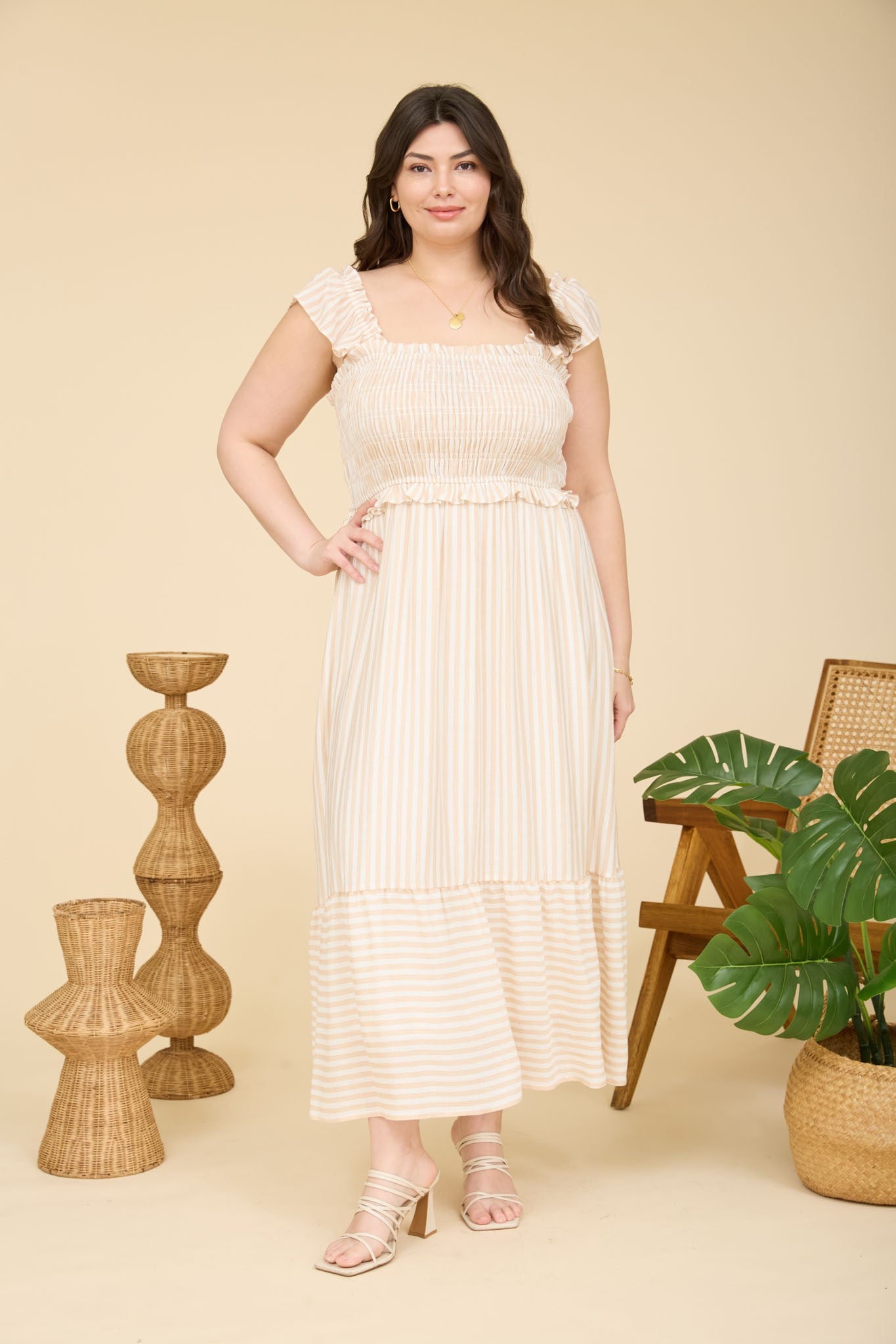 PS 011 - Striped Smocked Ruffle Trim Midi Dress