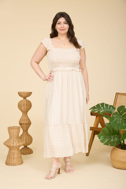 PS 011 - Striped Smocked Ruffle Trim Midi Dress