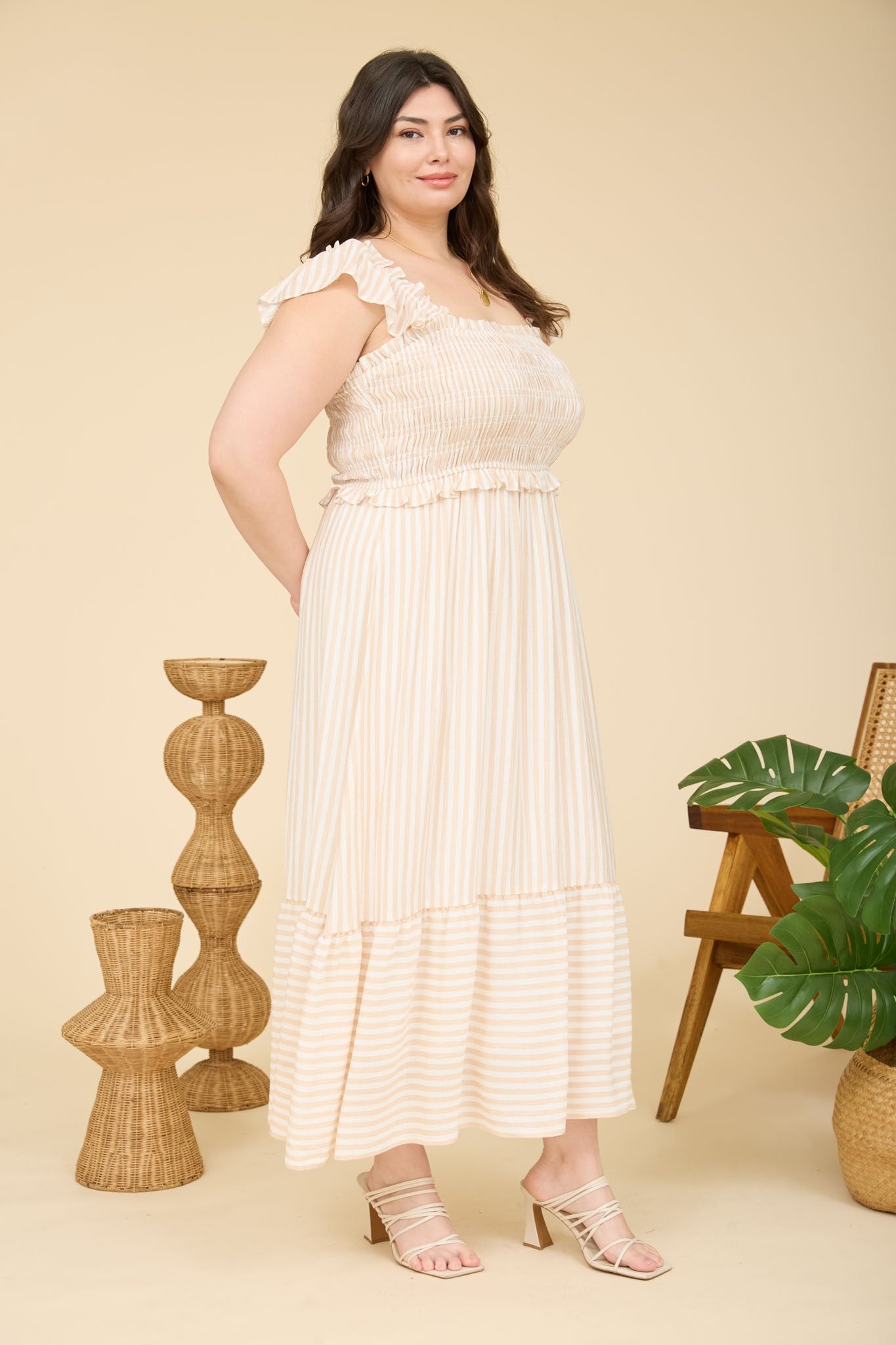 PS 011 - Striped Smocked Ruffle Trim Midi Dress