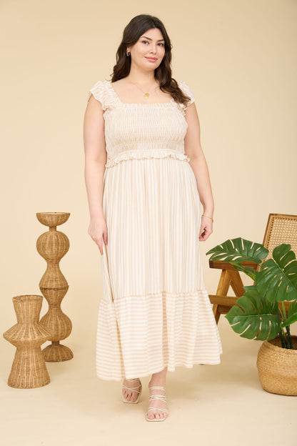 PS 011 - Striped Smocked Ruffle Trim Midi Dress