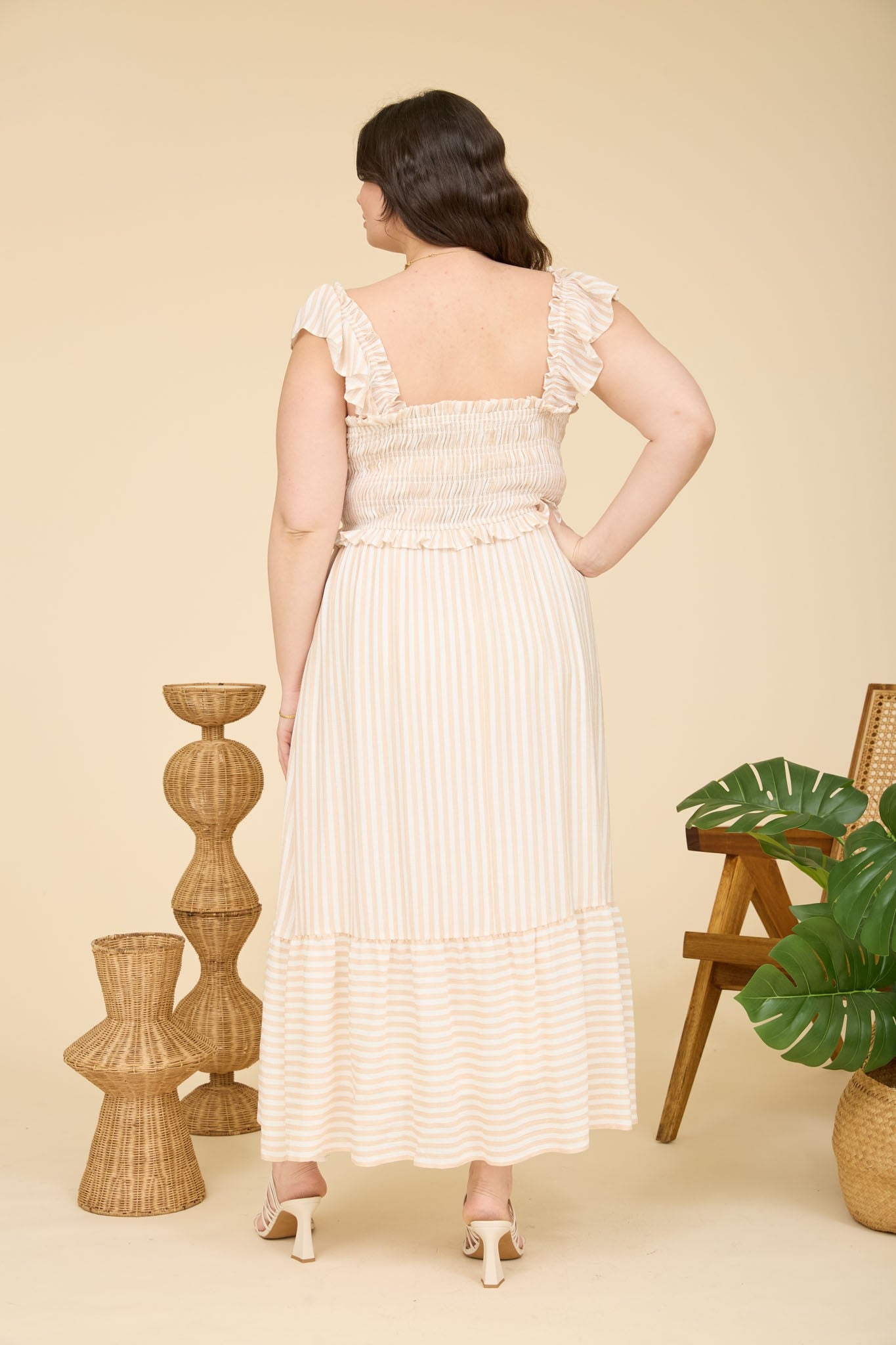PS 011 - Striped Smocked Ruffle Trim Midi Dress