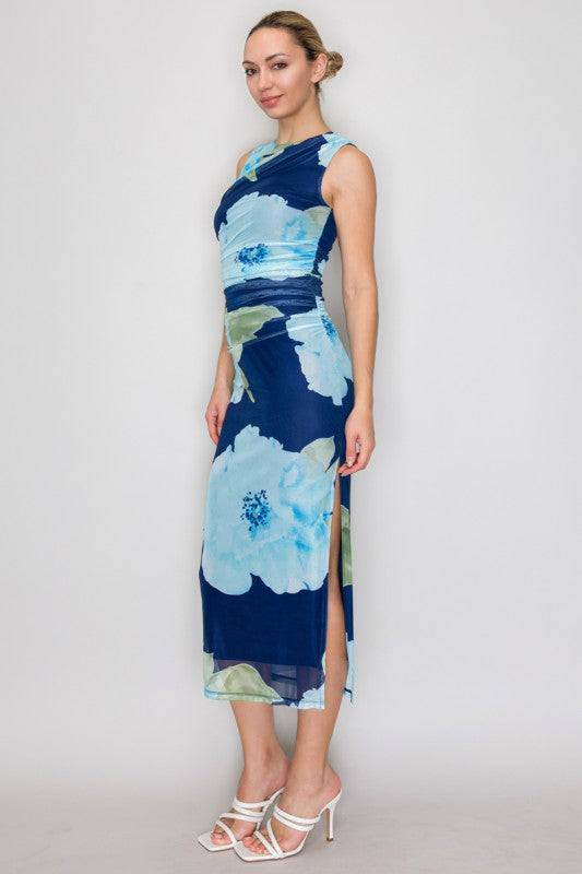 LD 623 - Floral Mesh Ruched Dress
