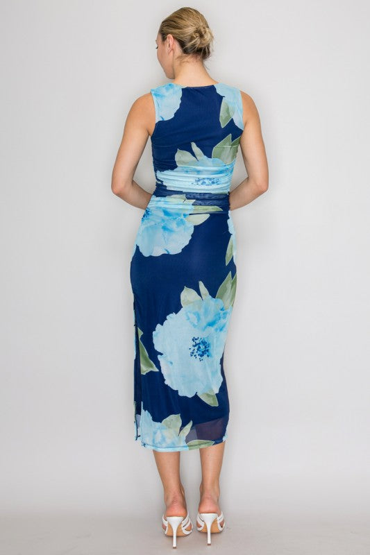 LD 623 - Floral Mesh Ruched Dress
