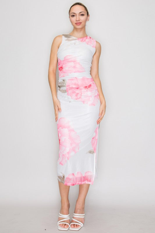 LD 623 - Floral Mesh Ruched Dress