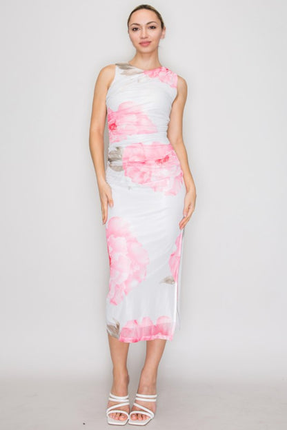 LD 623 - Floral Mesh Ruched Dress