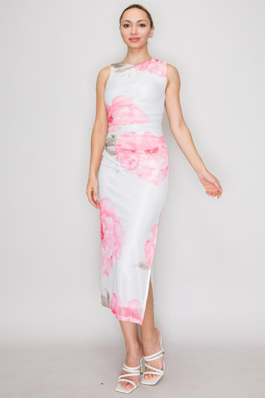 LD 623 - Floral Mesh Ruched Dress