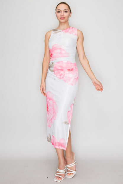 LD 623 - Floral Mesh Ruched Dress
