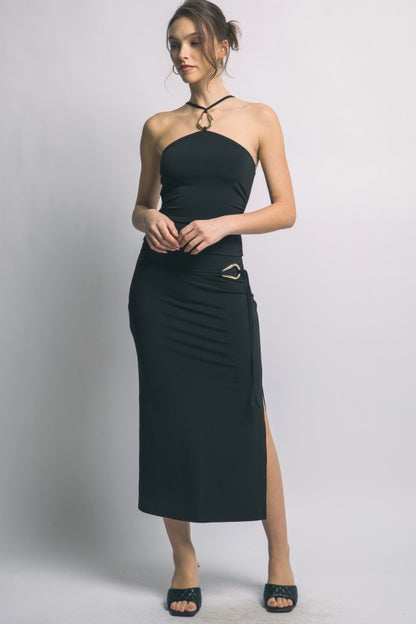 SET 055 - Belt Detail Midi Skirt
