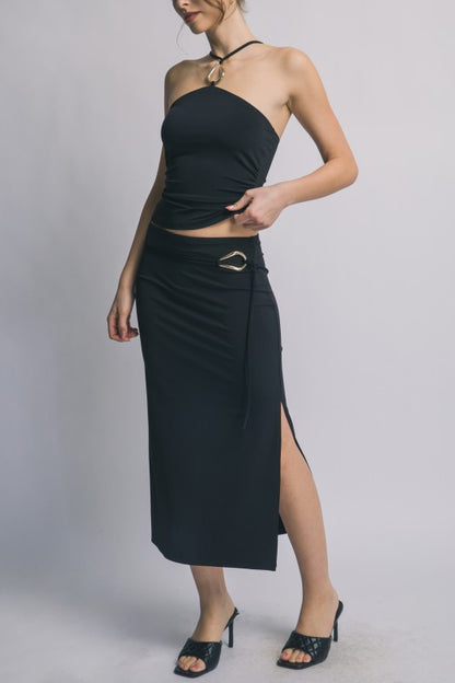 SET 055 - Belt Detail Midi Skirt