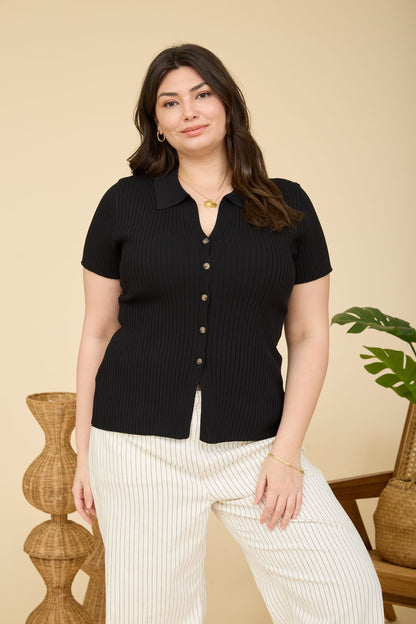 PS 019 - Collared Short Sleeve Ribbed Cardigan