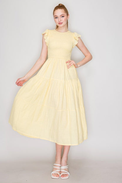 DD 1375 - Smocking Tiered Ruffle Sleeve Dress