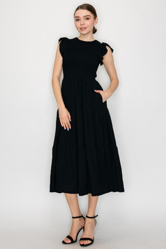 DD 1375 - Smocking Tiered Ruffle Sleeve Dress